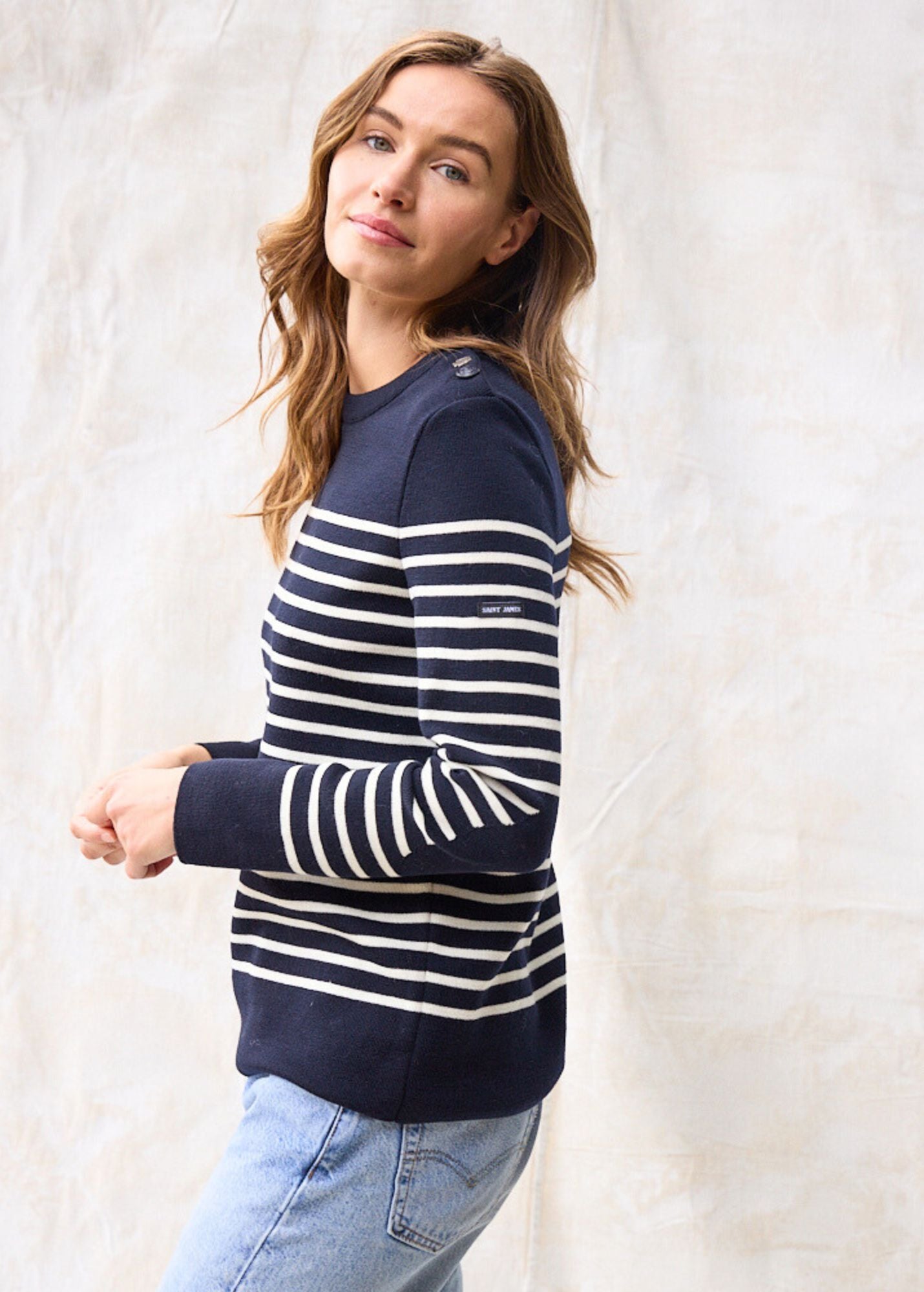 Saint James BREGANCON - Breton Striped Sweater with Jacquard Elbow Patch for Women (NAVY / IVORY)