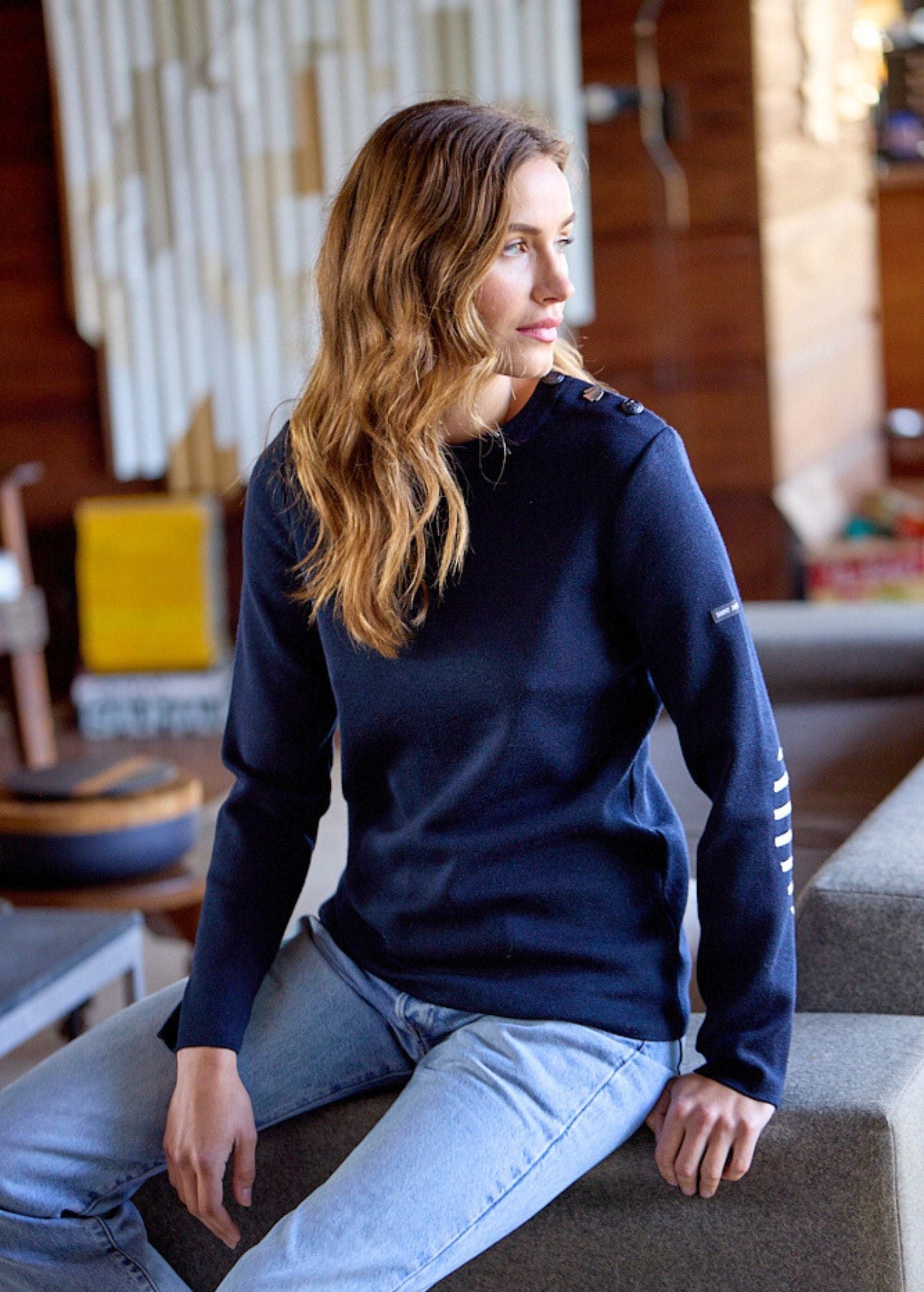 Saint James BREGANCON - Breton Sweater with Jacquard Elbow Patch for Women (NAVY)