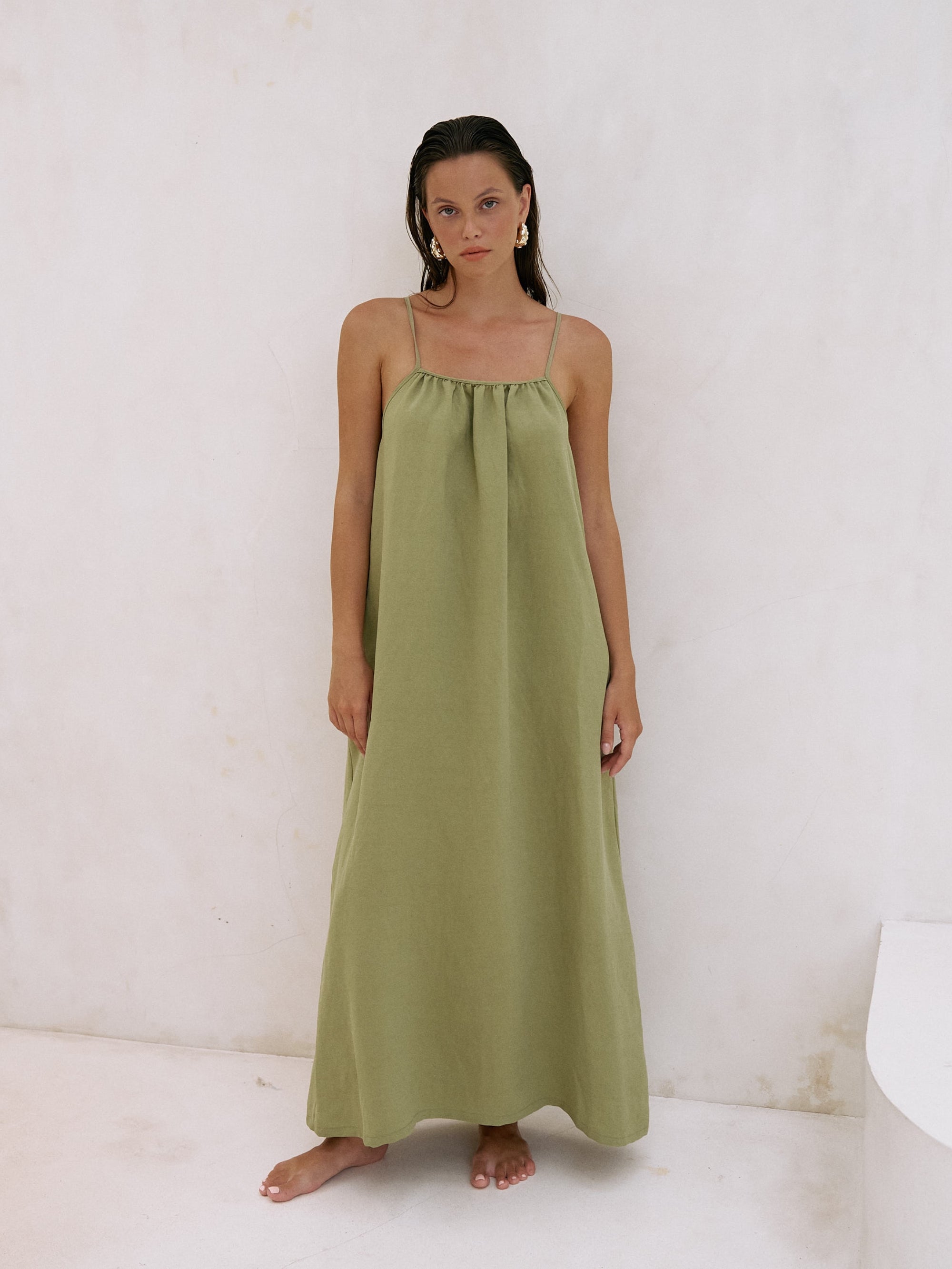 The Handloom Bliss Flow Maxi Dress Khaki Green