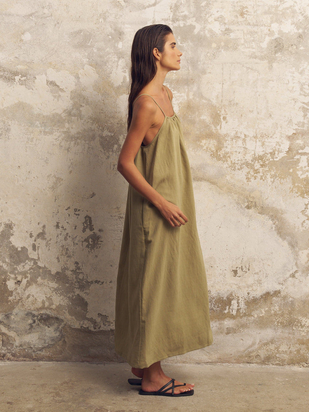 The Handloom Bliss Flow Maxi Dress Khaki Green