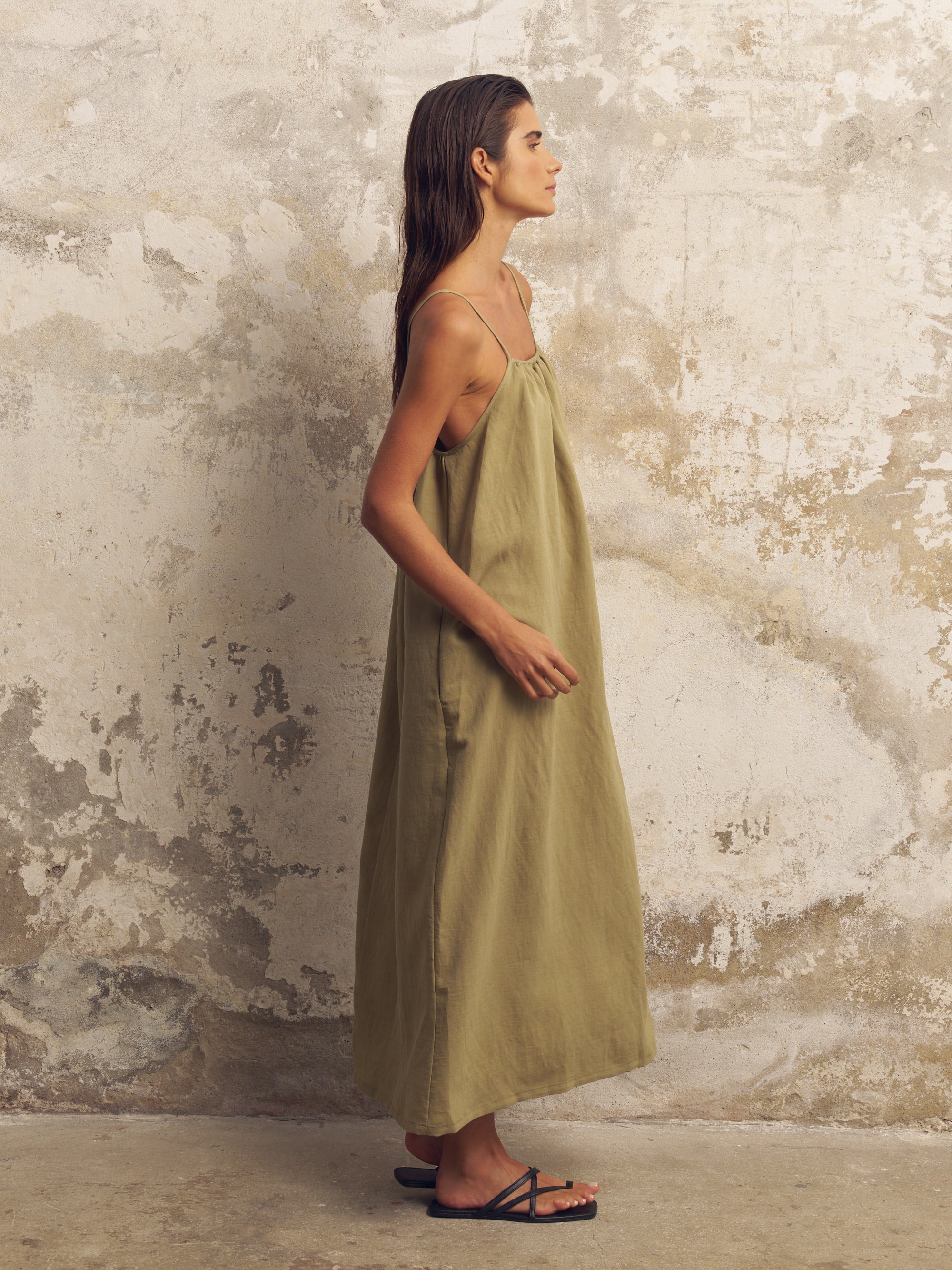 The Handloom Bliss Flow Maxi Dress Khaki Green