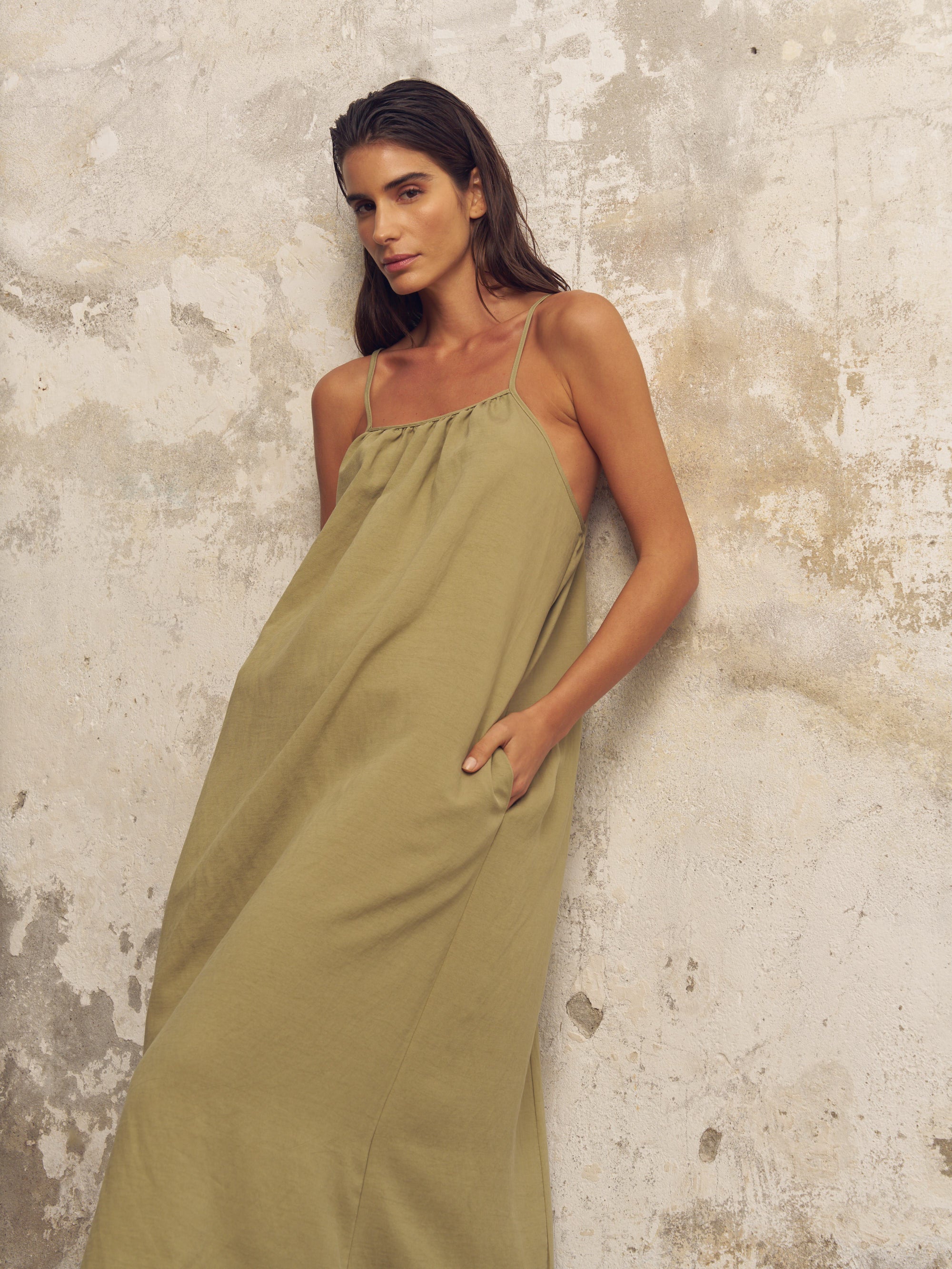 The Handloom Bliss Flow Maxi Dress Khaki Green