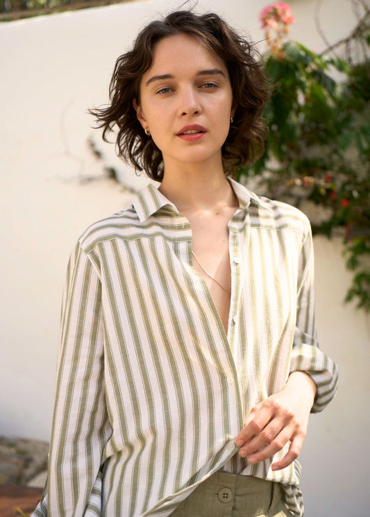 Saint James Camille Striped Button Down Blouse Cotton And Linen Blend White Soft Almond