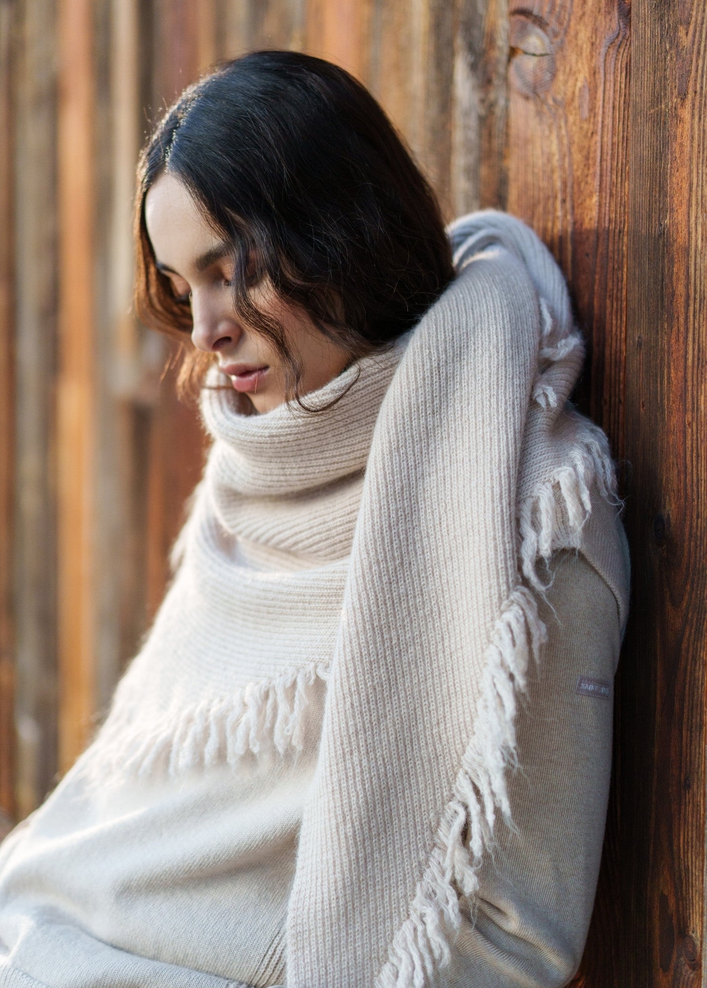 Saint James GO OUEST KNIT SCARF - Large Fringed Triangle Scarf | Mohair & Alpaca Blend (BEIGE)