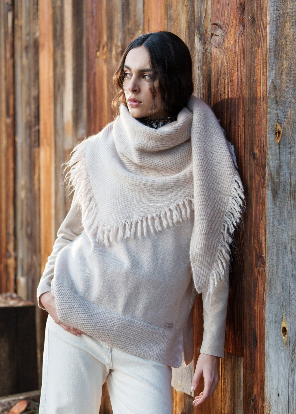 Saint James GO OUEST KNIT SCARF - Large Fringed Triangle Scarf | Mohair & Alpaca Blend (BEIGE)