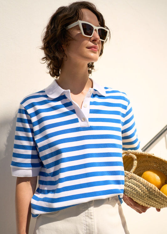 Saint James Carola Striped Cotton Polo Shirt White Mer Blue
