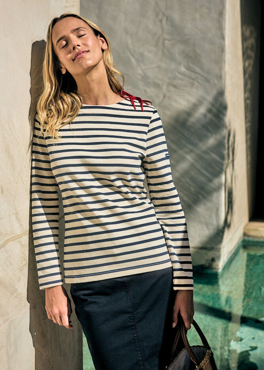 Saint James Cavalaire Breton Striped Shirt With Lace Detail For Women Heavyweight Cotton Ecru Navy Red
