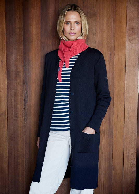 CHAMBERY - Panel Knit Long Cardigan with Buttons | 100% Wool (NAVY)