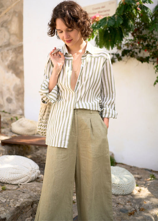 Saint James Chloe Pleated Wide Leg Pants With Elasticated Waist 100% Linen Soft Almond