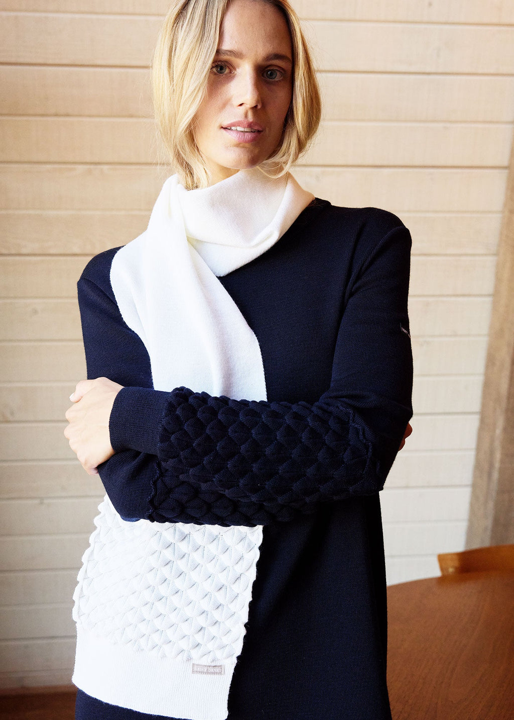 Saint James CLUSES SCARF - Sculpted Knit Wool Scarf | 100% Wool (WHITE)