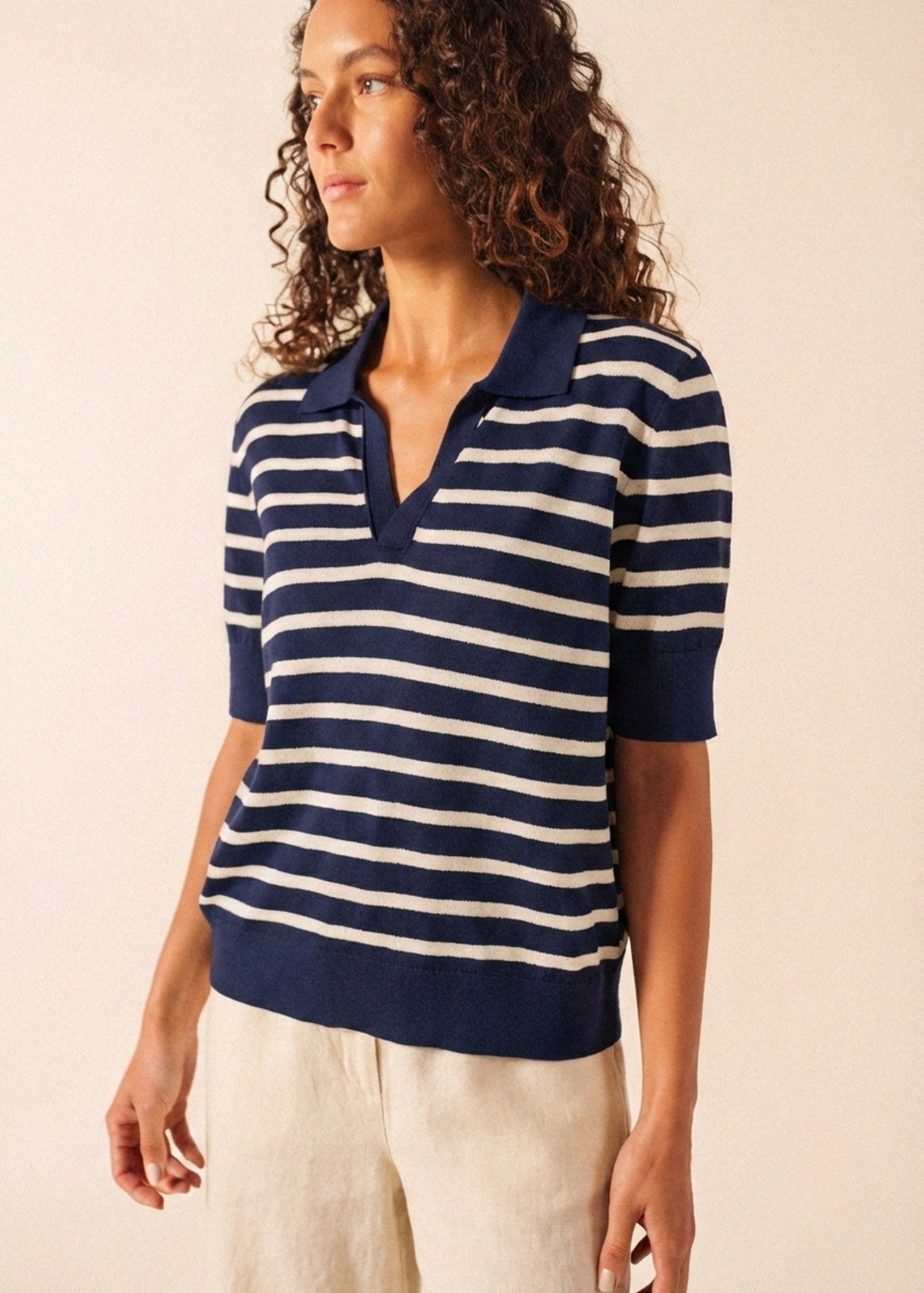 Saint James COIMBRA Striped Cotton & Cashmere Polo Sweater (NAVY / IVORY)