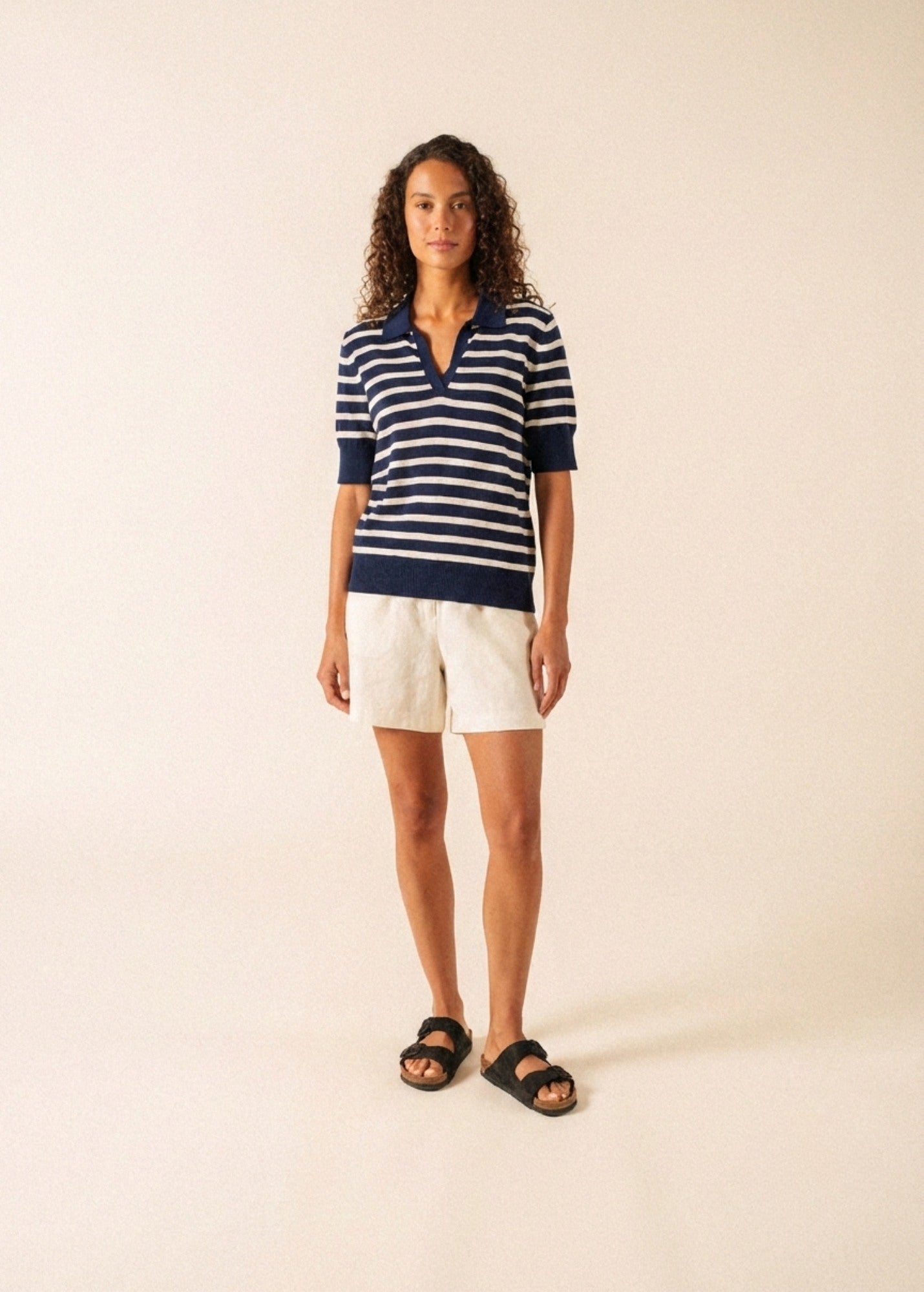 Saint James COIMBRA Striped Cotton & Cashmere Polo Sweater (NAVY / IVORY)