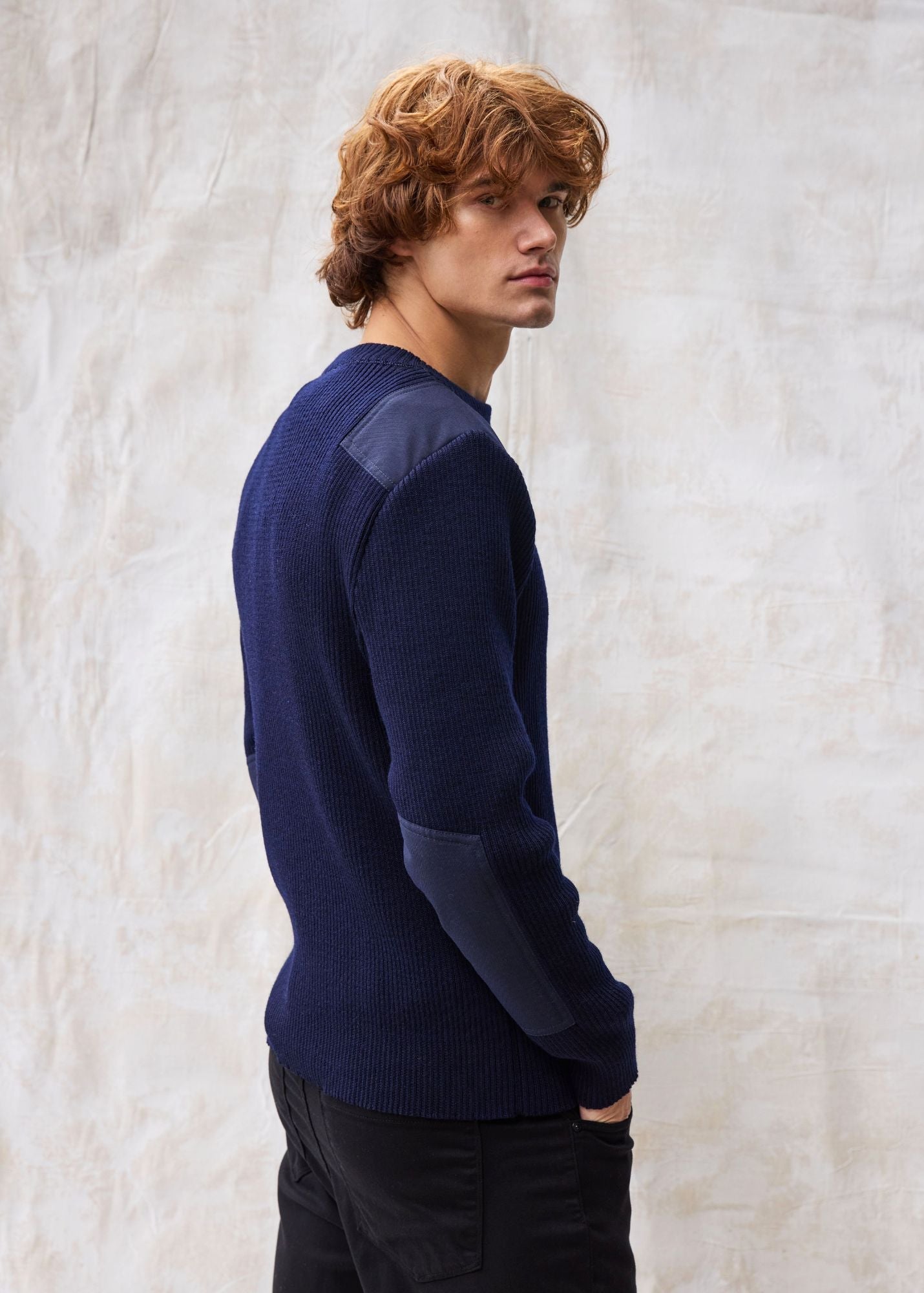 Saint James CONDOR II - Breton Sweater with Canvas Shoulder and Elbow Patches for Men | 100% Wool (NAVY)