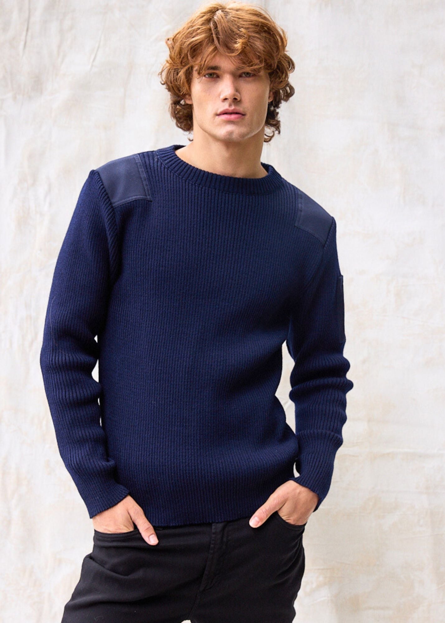 Saint James CONDOR II - Breton Sweater with Canvas Shoulder and Elbow Patches for Men | 100% Wool (NAVY)