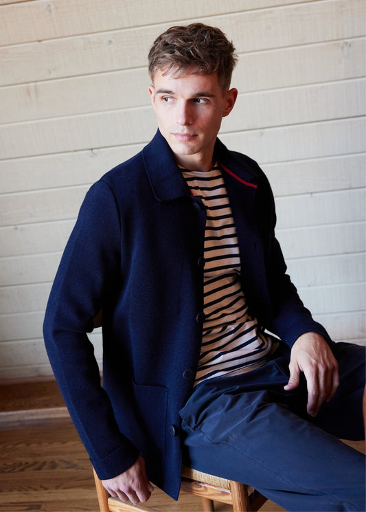 Saint James Cork Ii Ponte Knit Wool Jacket With Buttons For Men Navy