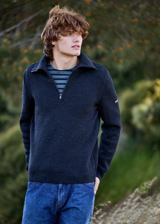 Saint James Cotentin Quarter Zip Trucker Sweater Dark Gray