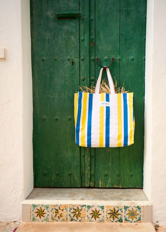 Saint James Le Grand Tote Oversized Cotton Striped Tote Bag Yellow Mer Blue