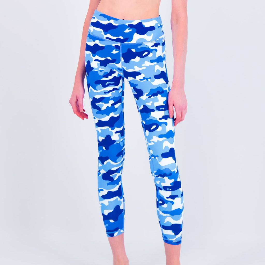 White Water Water Camo Leggings, Blue Camo