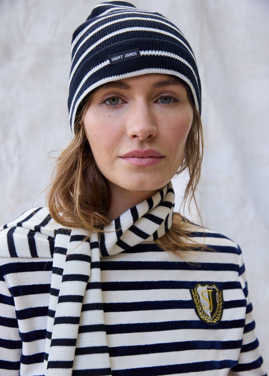 Saint James CARTIER - Nautical Striped Wool Blend Beanie (NAVY / IVORY)