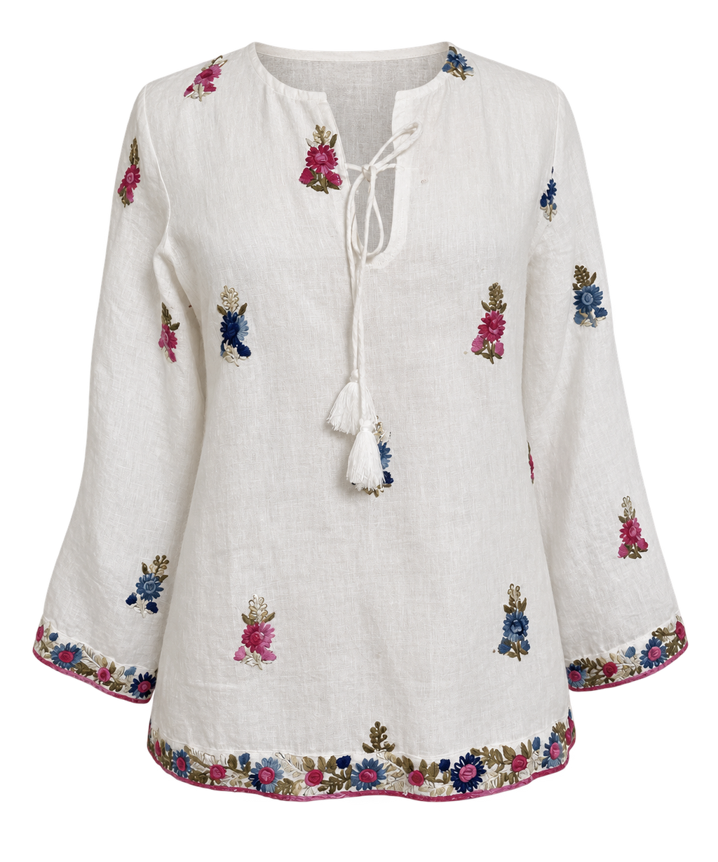 Calypso St Barth Seena Linen Hand Embroidered Top