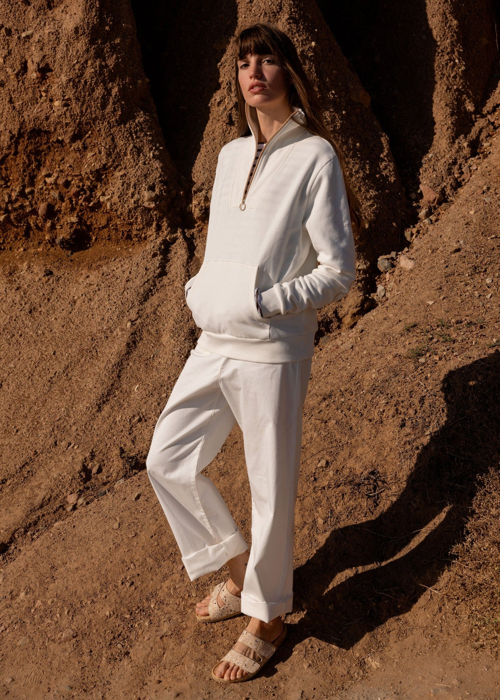 Saint James LOU Cotton Fleece Quarter-Zip Sweatshirt  (IVORY / SAIL CANVAS)