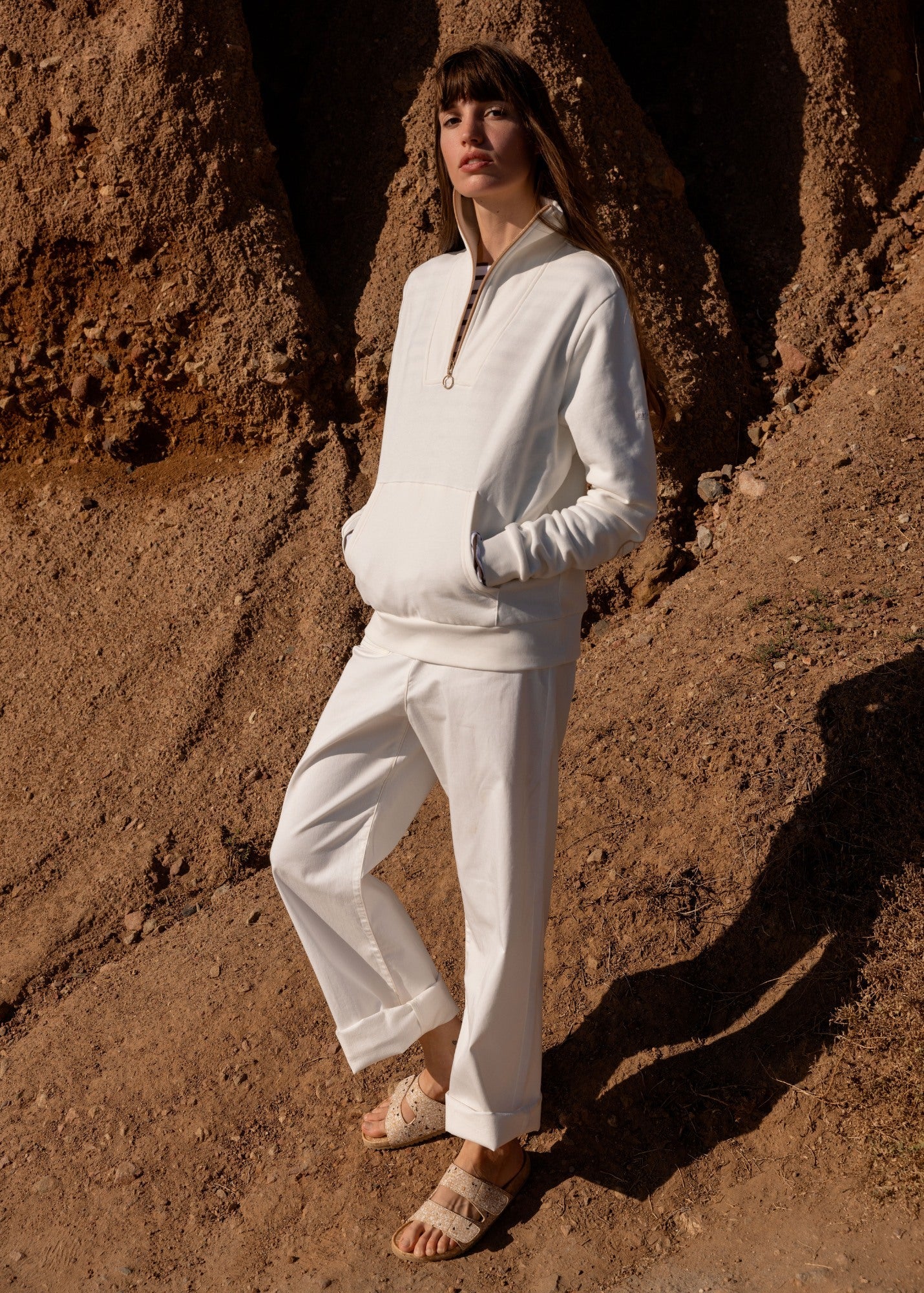 Saint James LOU Cotton Fleece Quarter-Zip Sweatshirt  (IVORY / SAIL CANVAS)