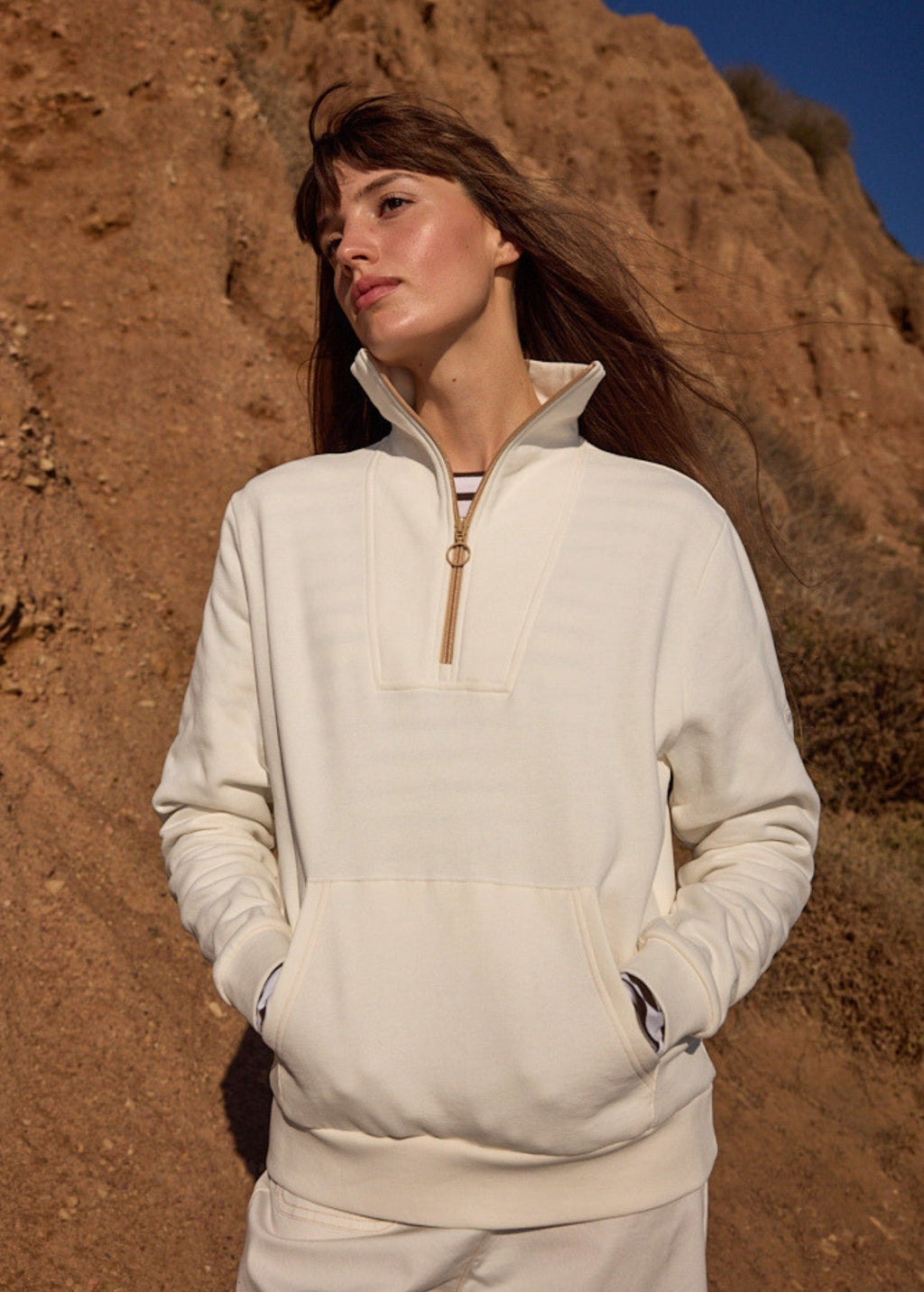 Saint James LOU Cotton Fleece Quarter-Zip Sweatshirt  (IVORY / SAIL CANVAS)
