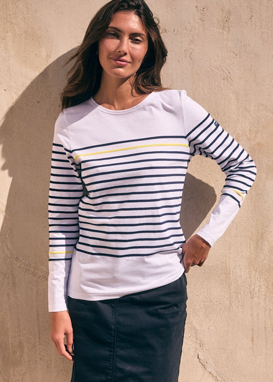 Saint James Etel Marini√®retee With Textured Stripes 100% Cotton White Navy Yellow