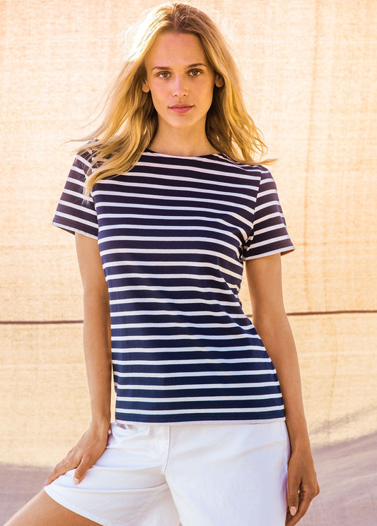 Saint James Etrille Nautical Stripe Tee With Short Sleeves Soft Cotton Women Fit Navy Ecru