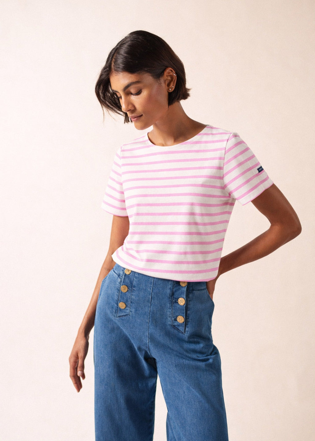 Saint James Etrille II Nautical Striped Tee (WHITE / TEA ROSE PINK)