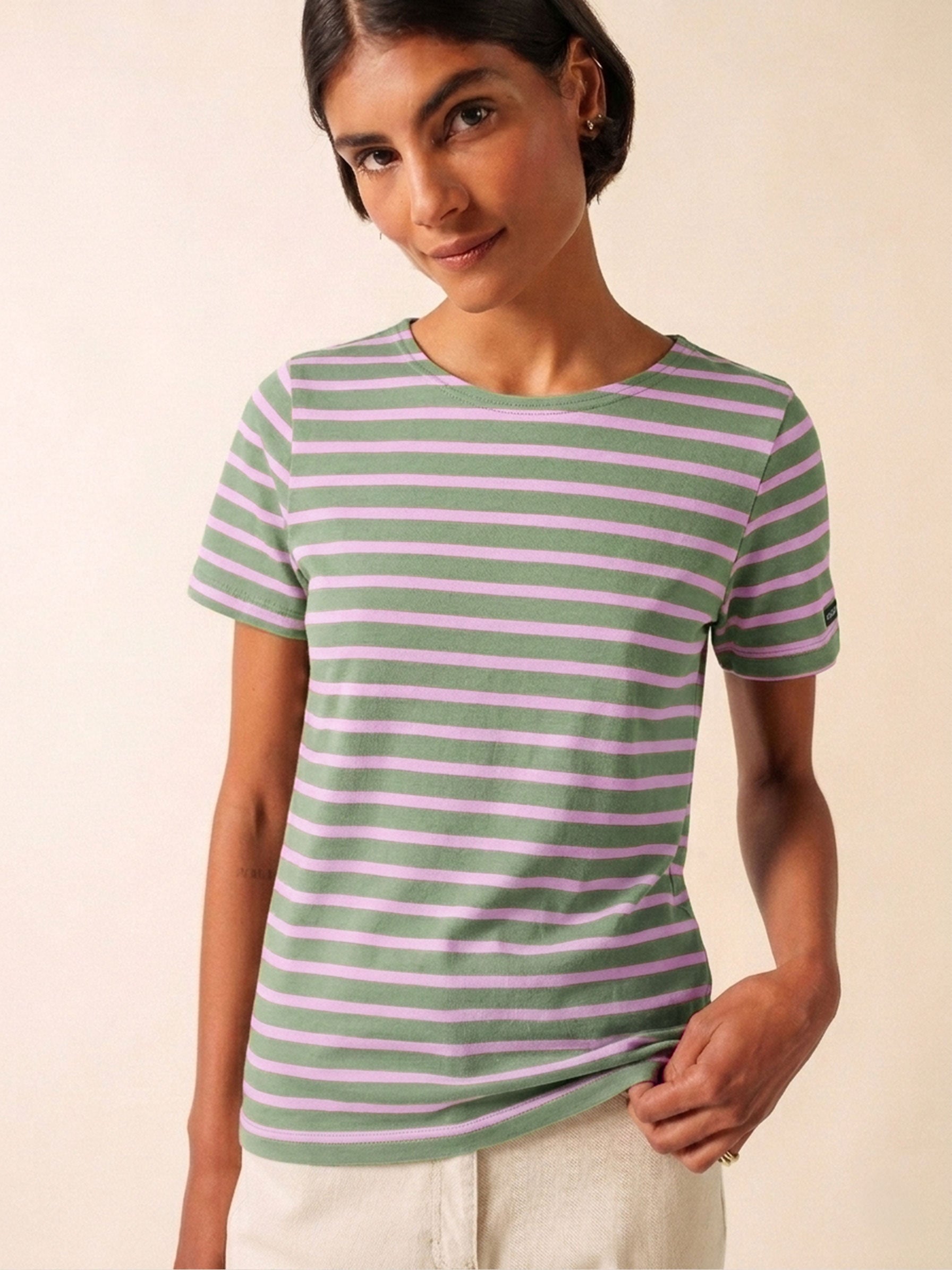 Saint James ETRILLE II Nautical Striped Tee (SAGE OLIVE / TEA ROSE PINK)