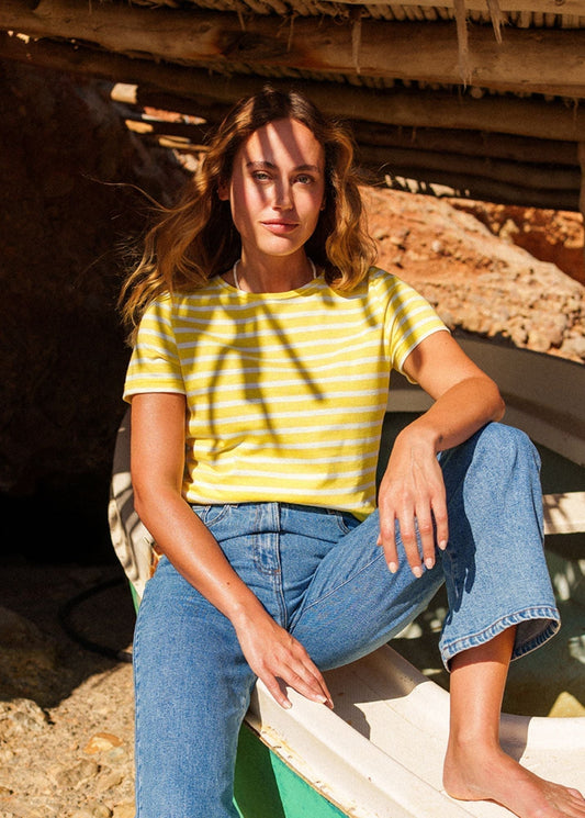Saint James Etrille Nautical Stripe Tee With Short Sleeves Soft Cotton Women Fit Yellow White