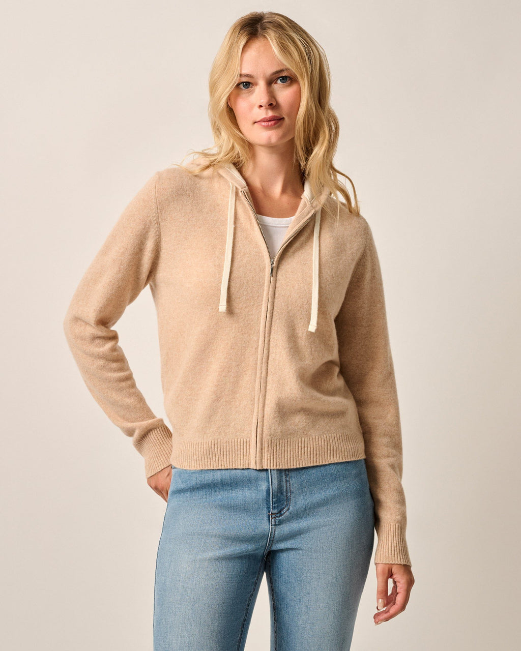 Johnnie-O Amanda Cashmere Full Zip Hooded Sweater, Oatmeal
