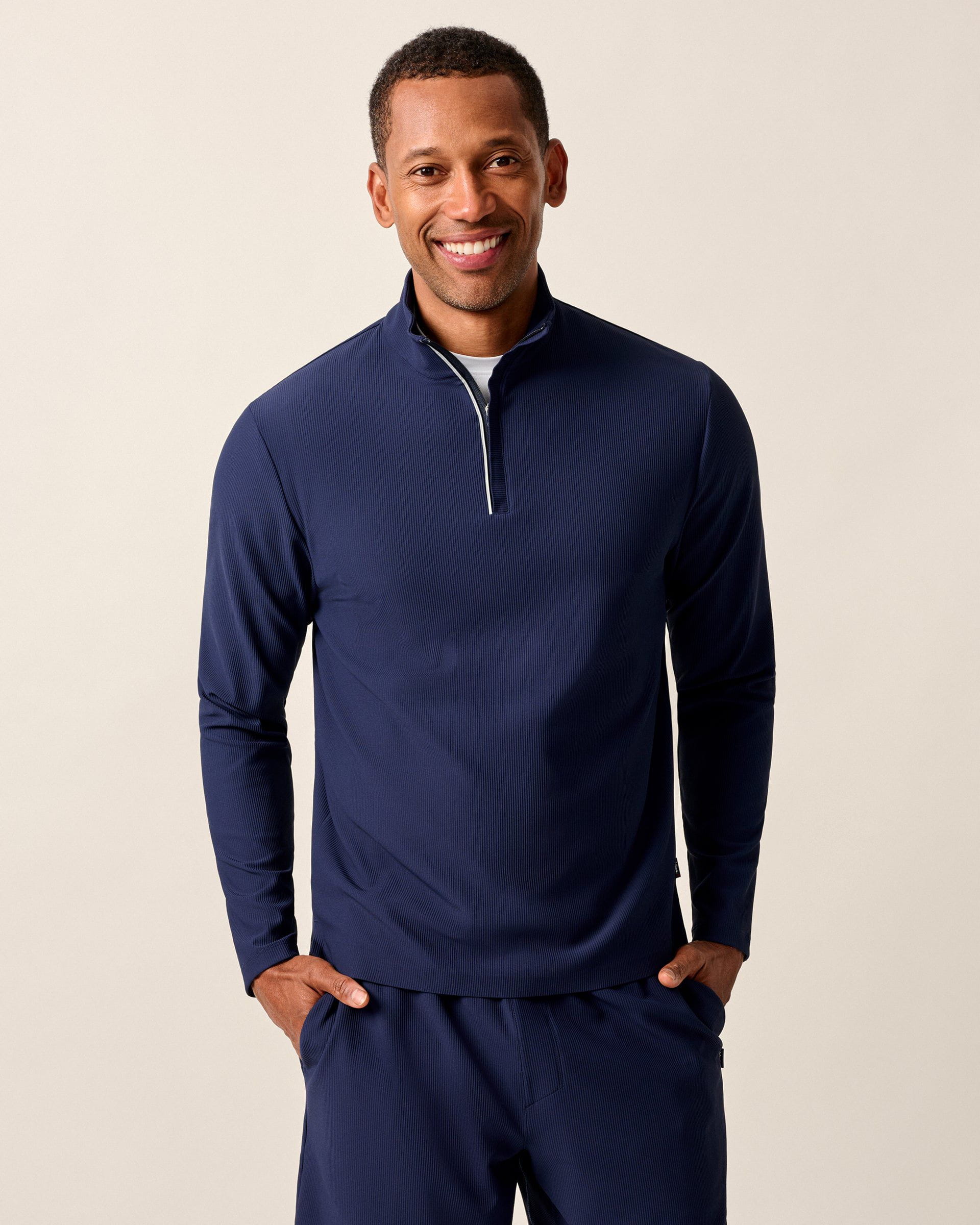 Johnnie-O Hoppin Ribbed Knit Performance 1/4 Zip Pullover, Navy