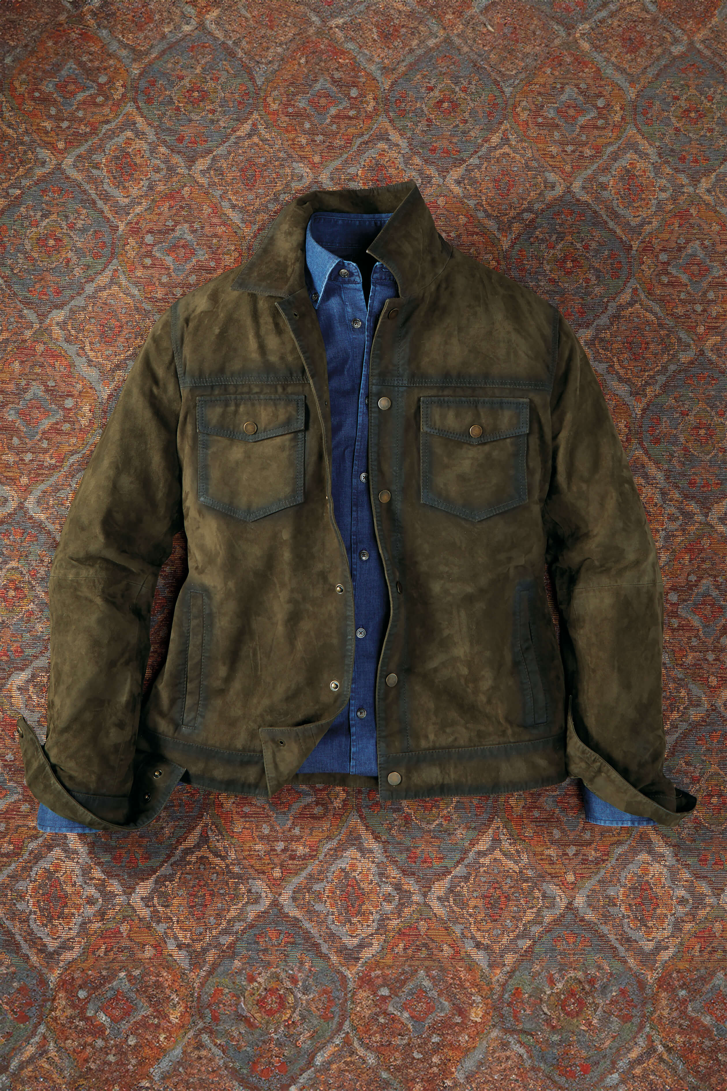 Patrick James Eastwood Suede Snap 2 Pocket Coat, Olive