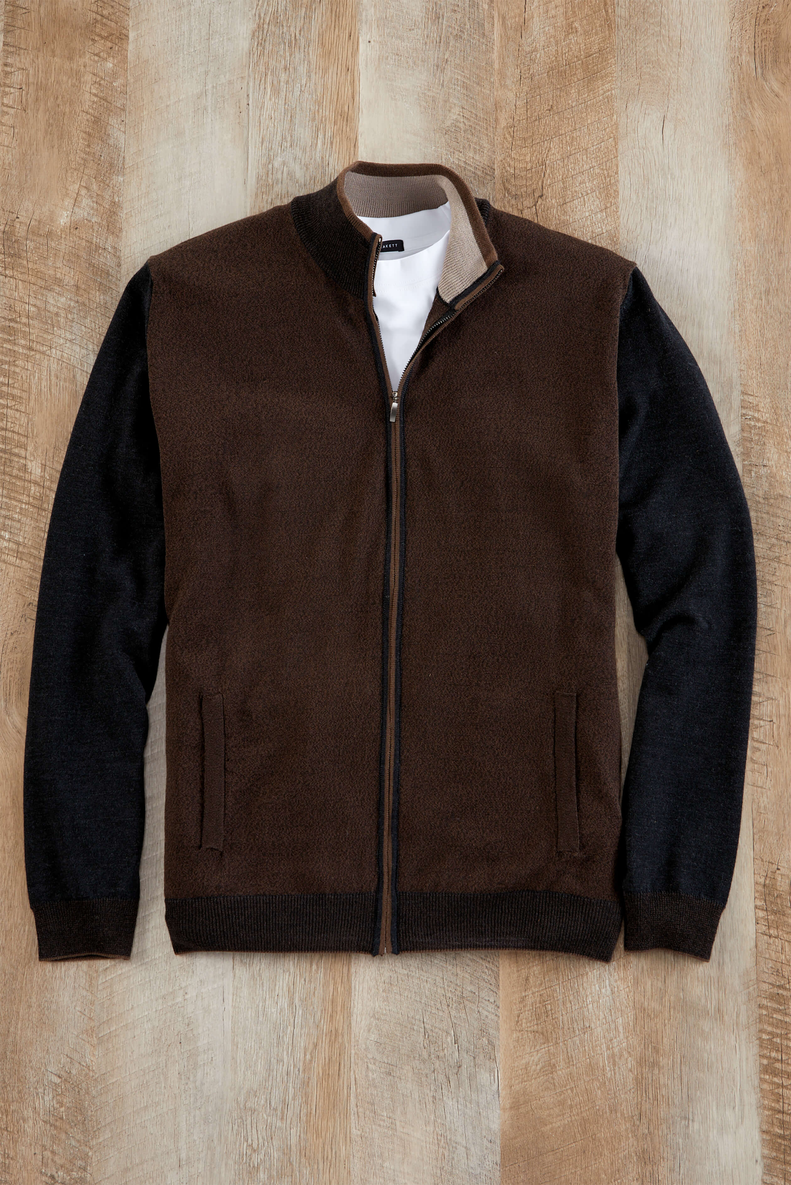 Patrick James Trim Zip Cardigan, Brown/Charcoal