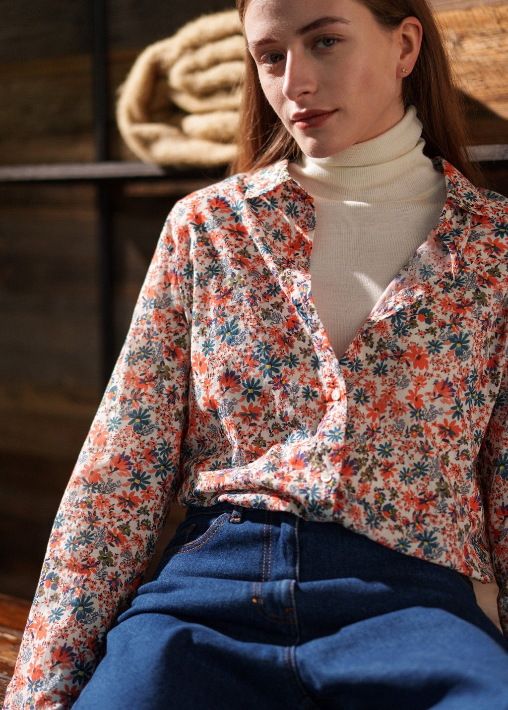 Saint James FANNY - Floral Cotton Veil Button-Down Blouse (FLORAL)