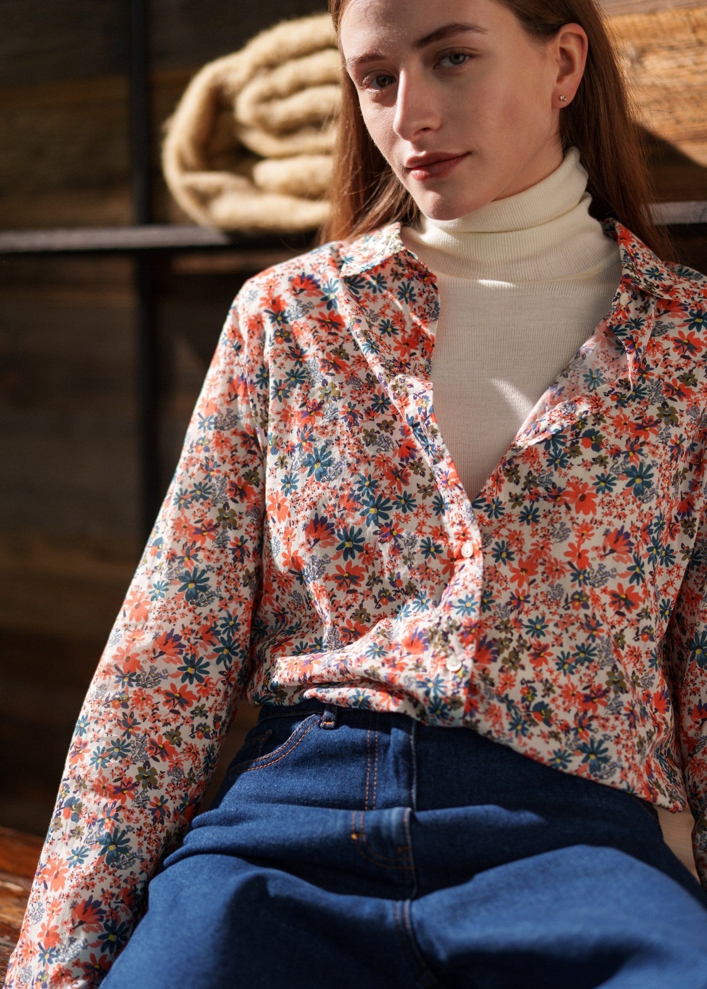 Saint James FANNY - Floral Cotton Veil Button-Down Blouse (FLORAL)