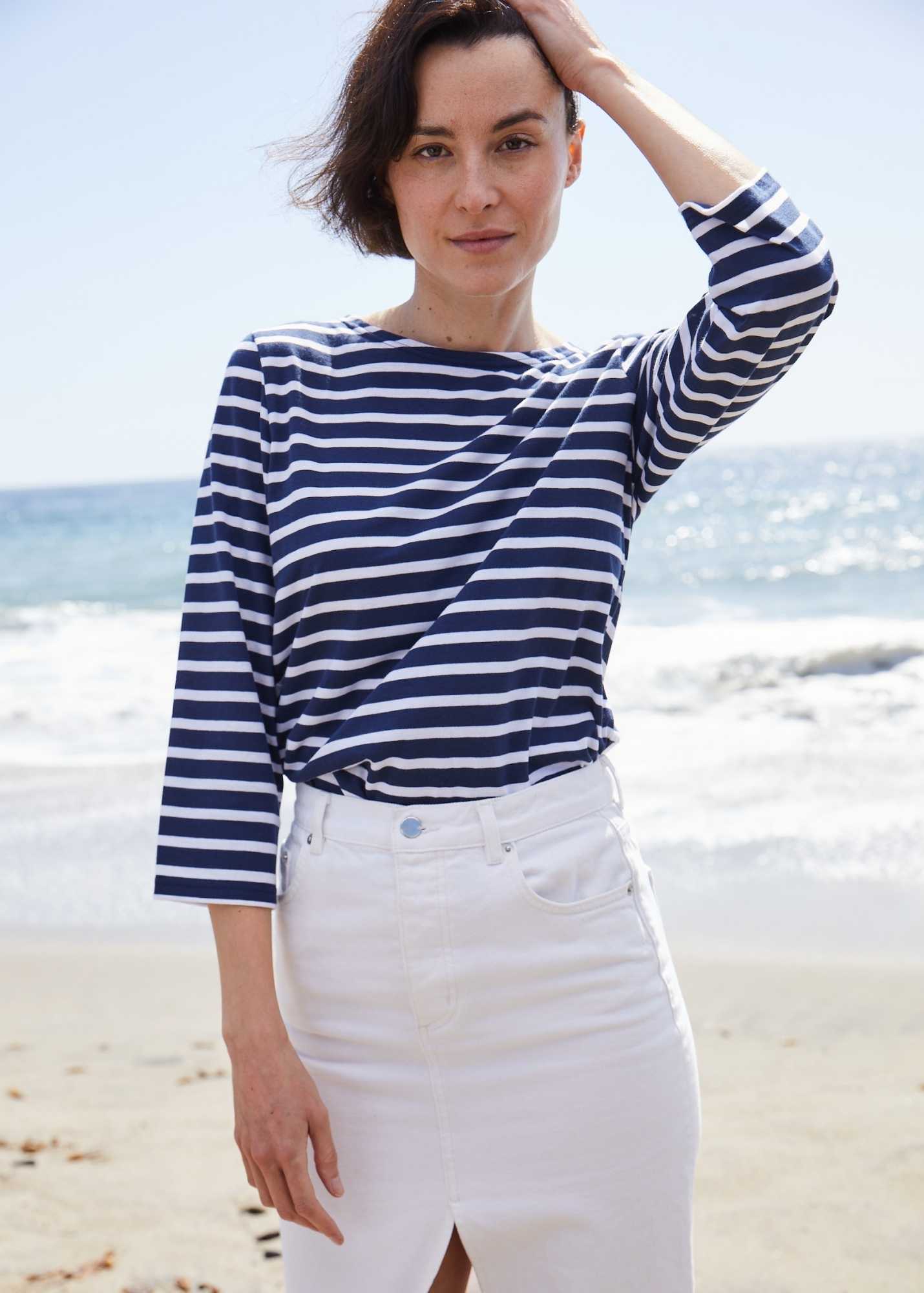 Saint James Galathee Ii Breton Striped Top With ¬æ Sleeve Soft Cotton Women Fit Navy White