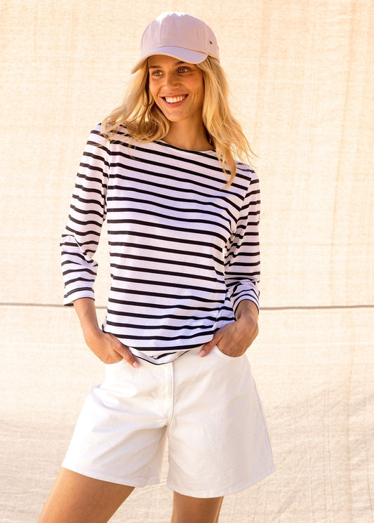 Saint James Galathee Ii Breton Striped Top With ¬æ Sleeve Soft Cotton Women Fit White Navy