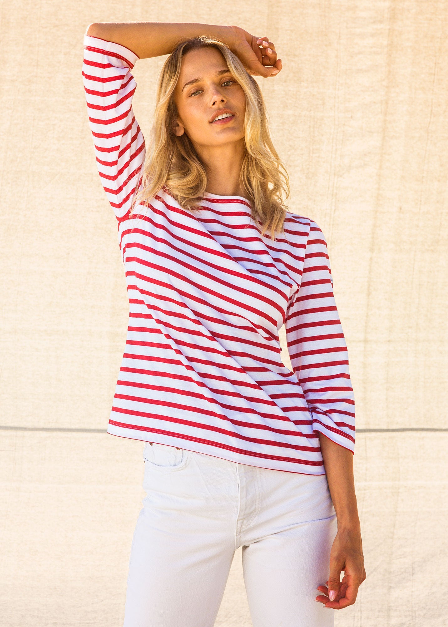 Saint James GALATHEE II - Breton Striped Top with ¾ Sleeve | Soft Cotton | Women Fit (WHITE / RED)
