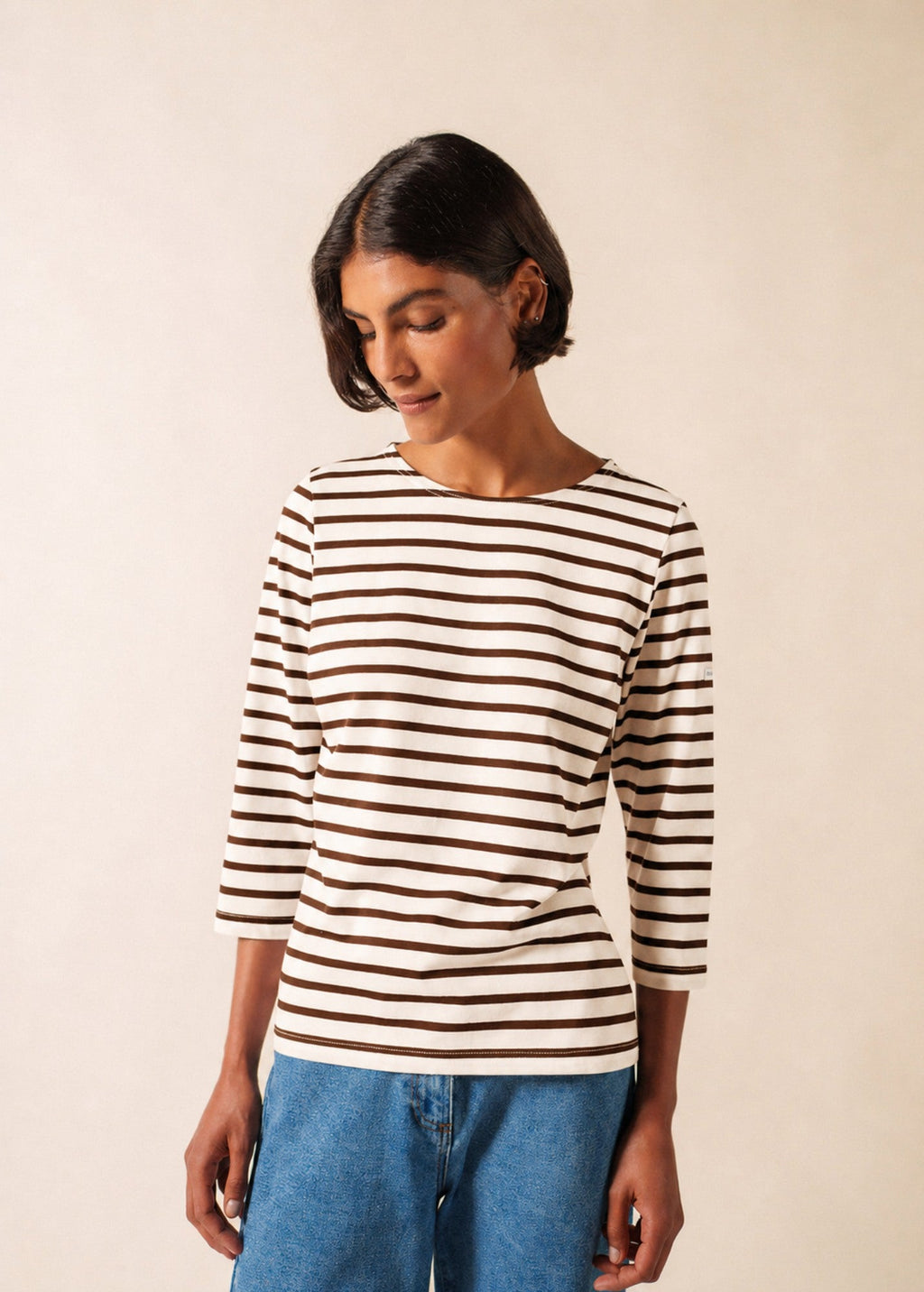 Saint James GALATHEE II Breton Striped Top  (WHITE / CHOCOLATE)