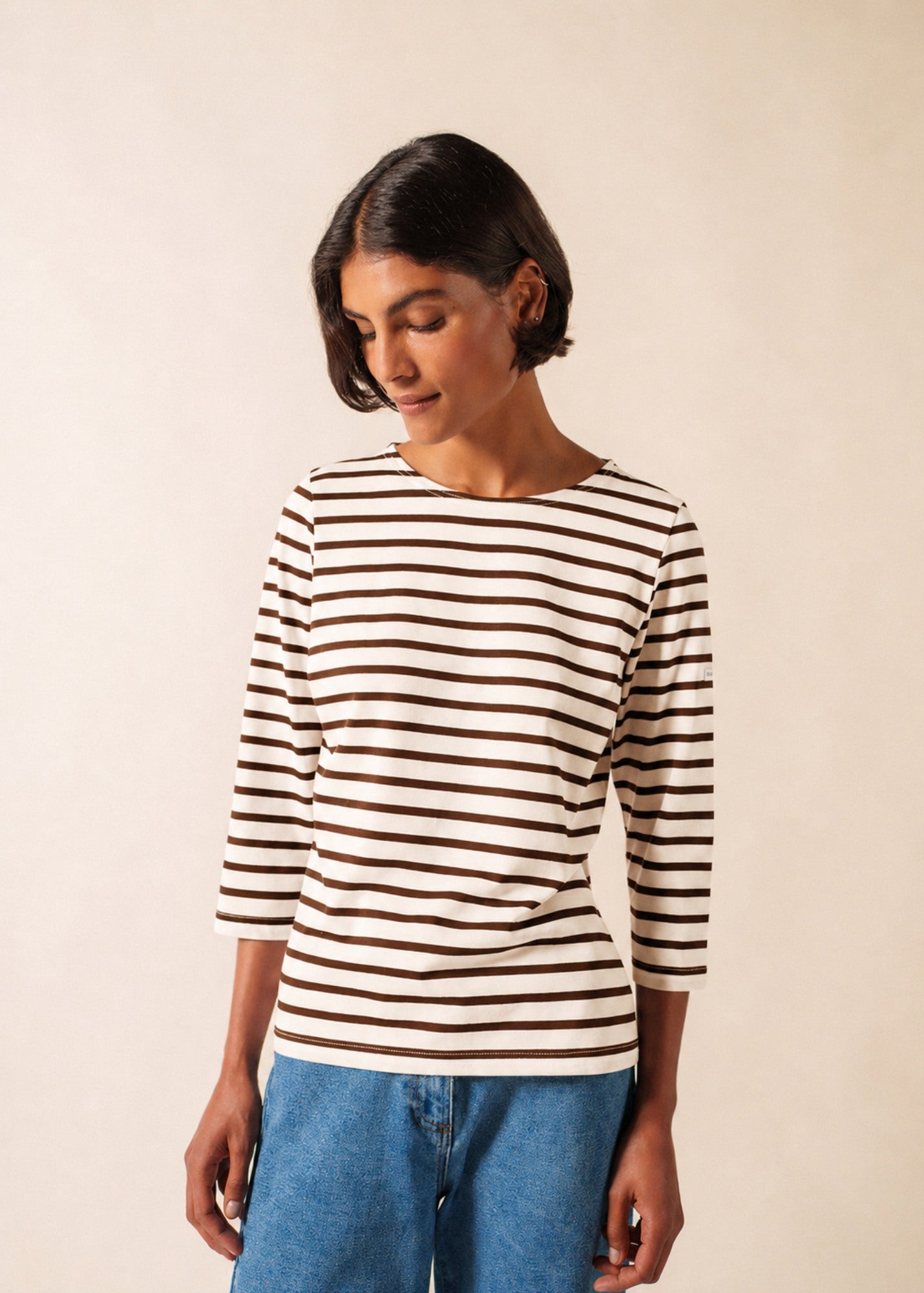 Saint James GALATHEE II Breton Striped Top  (WHITE / CHOCOLATE)