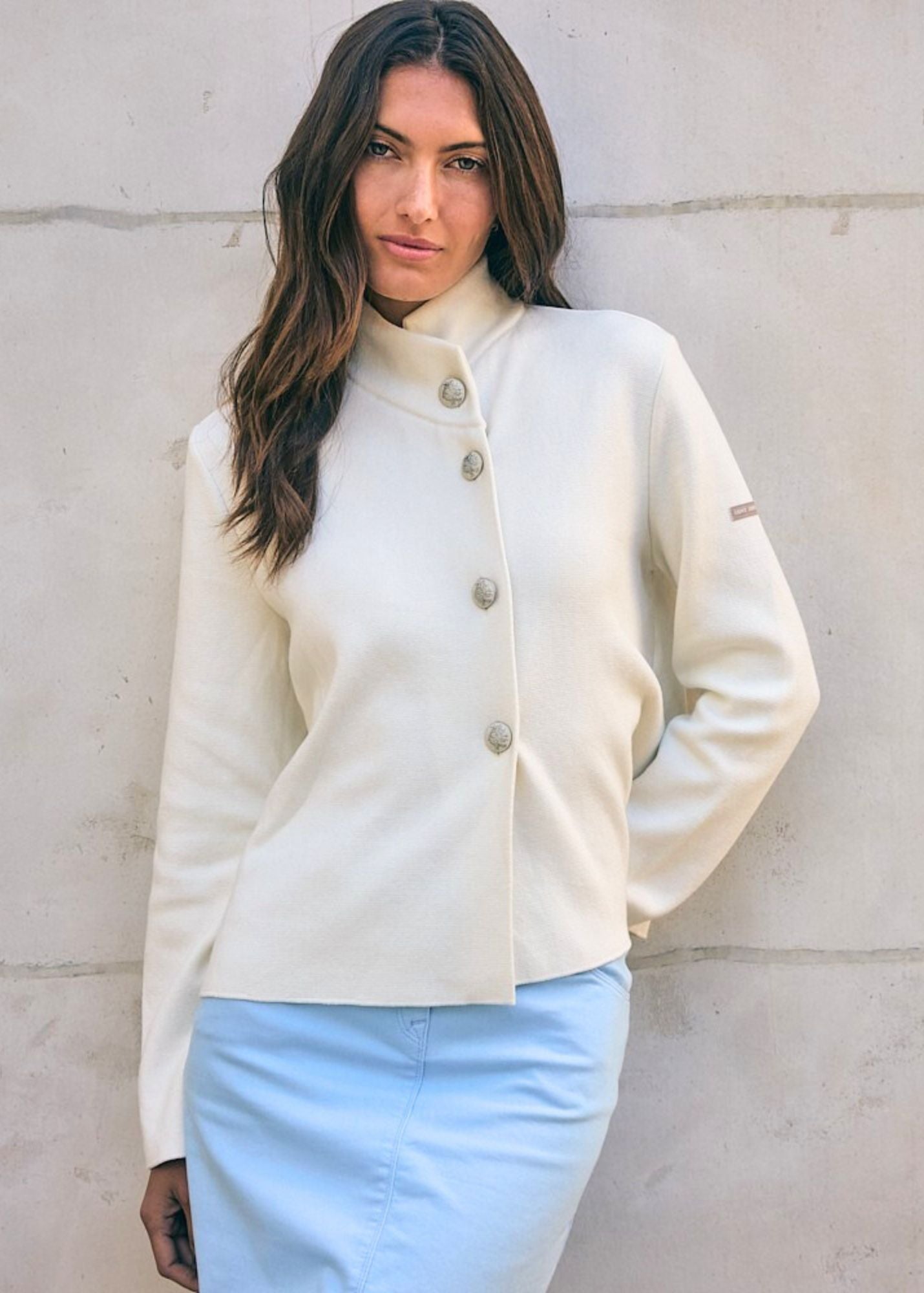Saint James Gap Asymetrical Stand Collar Jacket With Weathered Crest Buttons Ivory