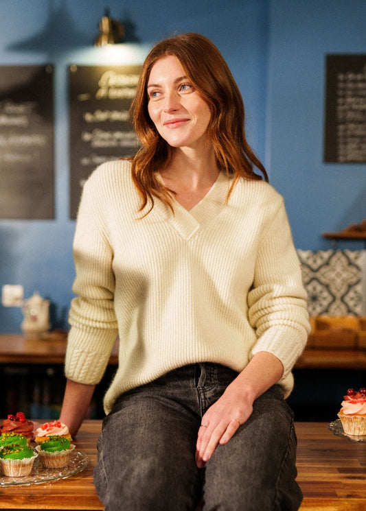 Saint James GAVARNIE - V-Neck Sweater with Cable-Knit Details | Mohair Blend (WINTER WHITE)