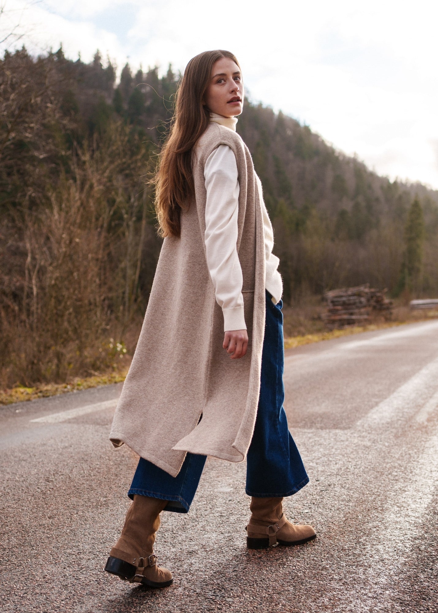 Saint James GENEVE - Long Open Knit Vest in Wool Blend (BEIGE)