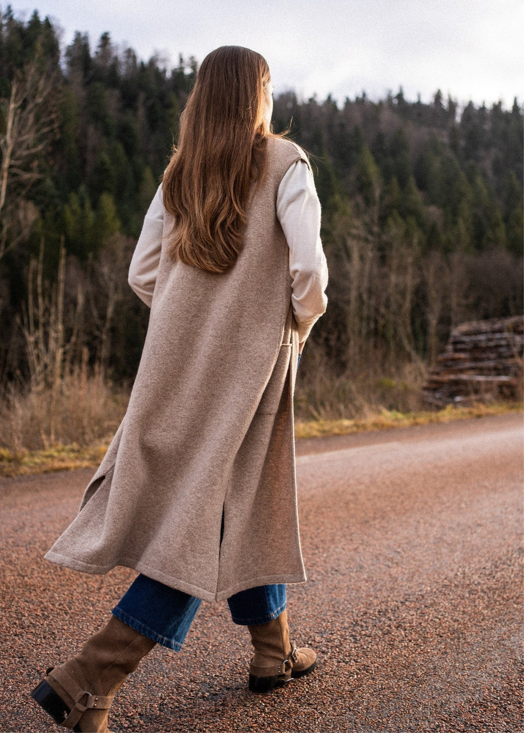 Saint James GENEVE - Long Open Knit Vest in Wool Blend (BEIGE)