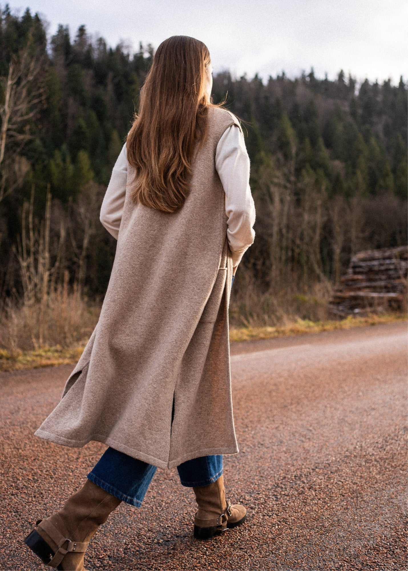 Saint James GENEVE - Long Open Knit Vest in Wool Blend (BEIGE)