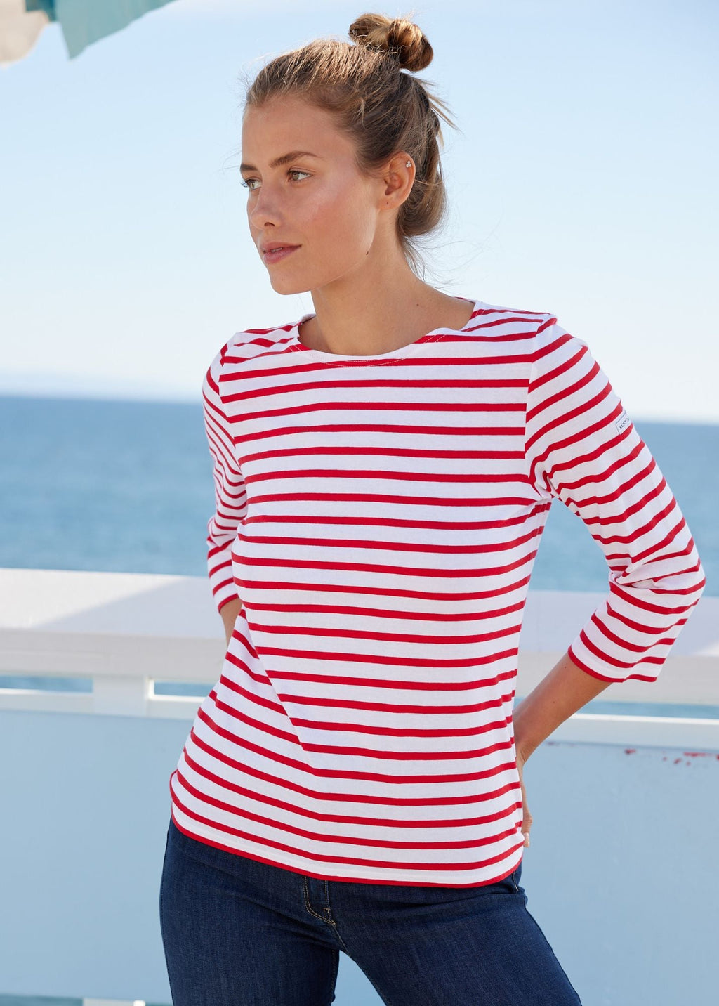Saint James GALATHEE II - Breton Striped Top with ¾ Sleeve | Soft Cotton | Women Fit (WHITE / RED)