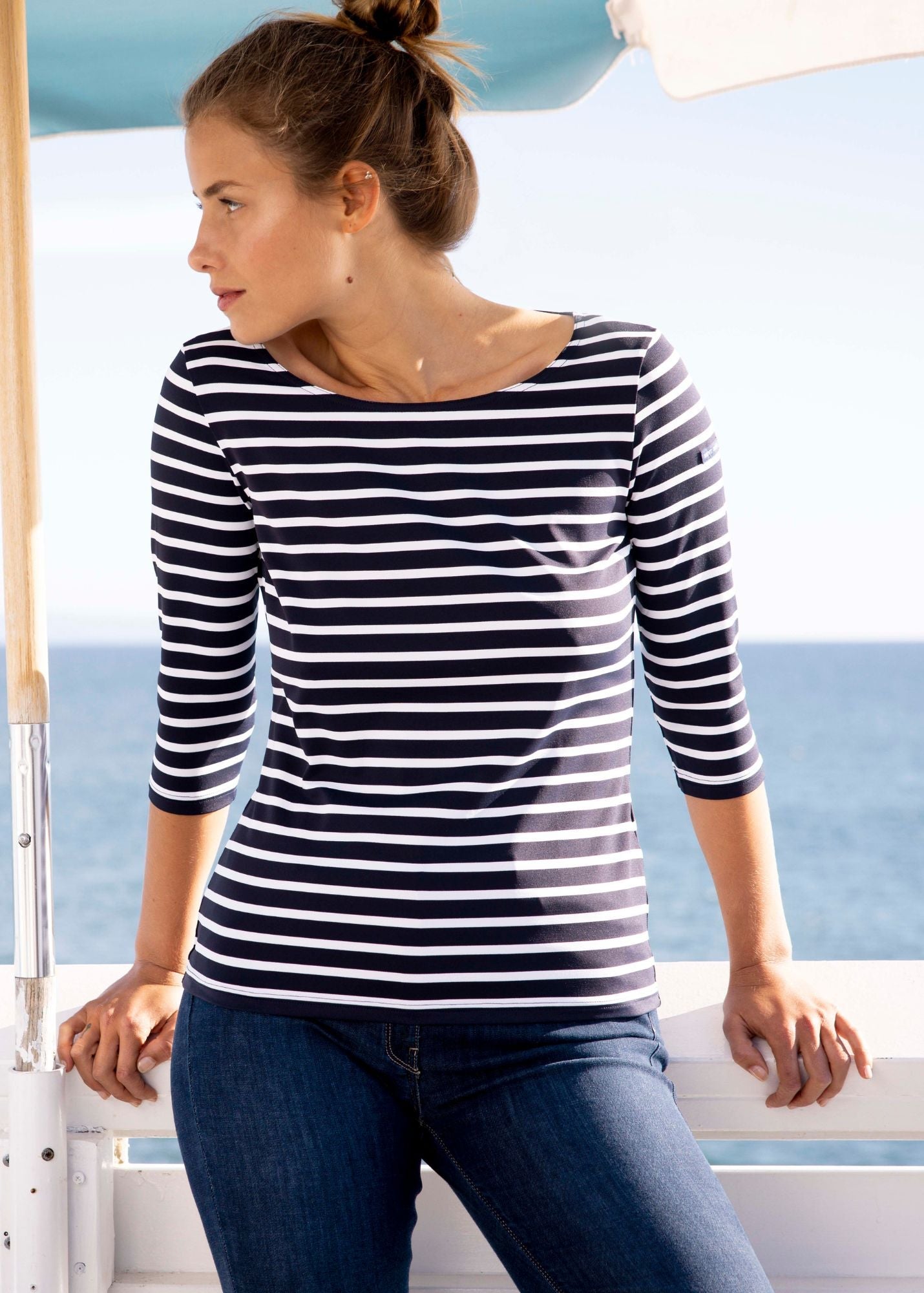 Saint James GARDE-COTE III - Nautical Striped Sport Top With UV Protection | Women Fit (NAVY / WHITE)